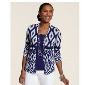 Chico's Ikat Kimber Open Cardigan Lightweight Blue White Size 2 / Large